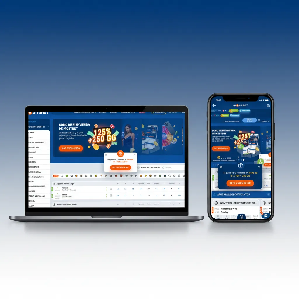 Interfaz del sitio web de Mostbet en Perú con menú Deportes, En Vivo, eSports, Casino; buscador, cupón, depósitos y retiros.