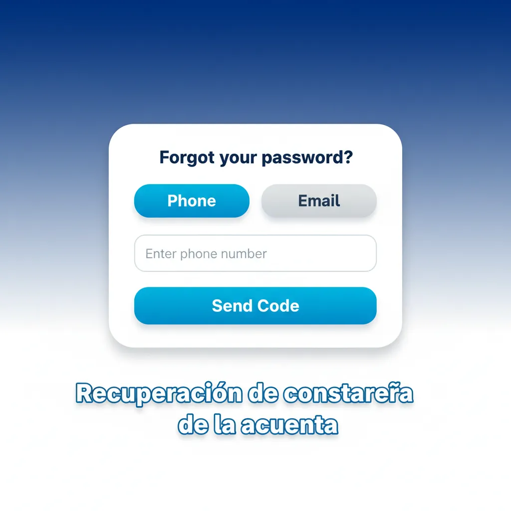 Pantalla de recuperación de contraseña: elige correo o SMS, ingresa el código y crea una nueva contraseña.